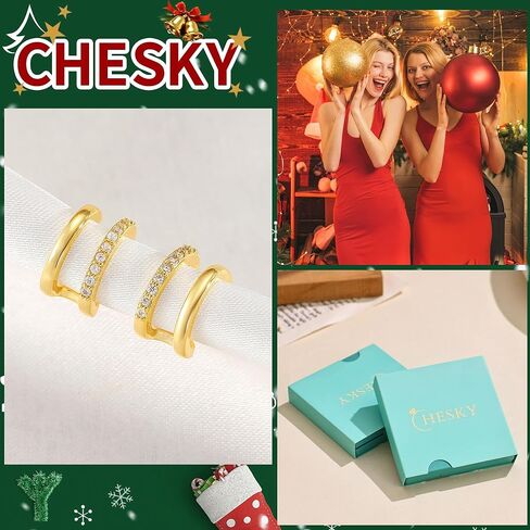CHESKY 14K مطلية بالذهب ثلاثية الوهم Huggie أقراط، العصرية مزدوجة Huggie هوب الأقراط لثقب واحد، أقراط مخلب الذهب لذيذ للنساء لطيف هدية المجوهرات اليومية in Kuwait