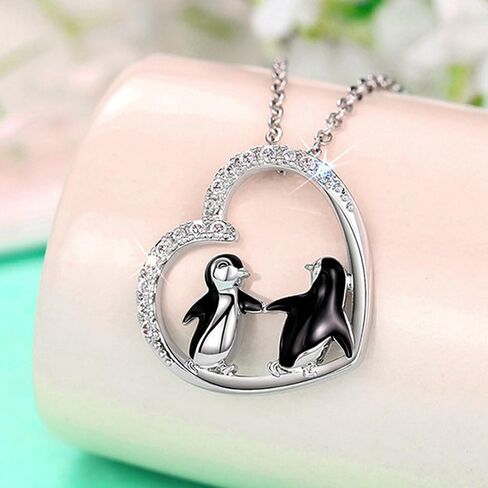 Cute Penguin Heart-shaped Hollow Design Pendant Necklace for Women Silver Plated Cubic Zirconia Inlaid Chain Necklace Adjustable Fashion Trendy Dainty Jewelry Gift in Saudi Arabia