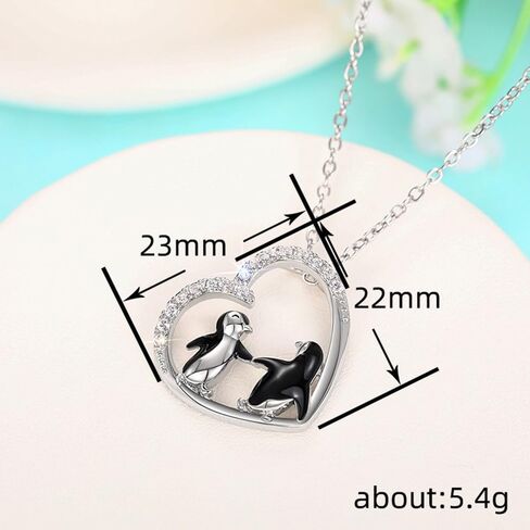 Cute Penguin Heart-shaped Hollow Design Pendant Necklace for Women Silver Plated Cubic Zirconia Inlaid Chain Necklace Adjustable Fashion Trendy Dainty Jewelry Gift in Saudi Arabia