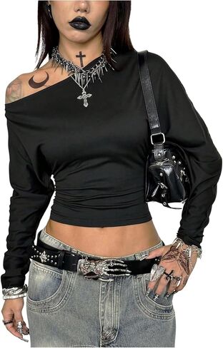 Milumia Women's Y2k Off The Shoulder Crop Top Asymmetrical Long Sleeve Going Out Tee Tops Streetwear in Saudi Arabia