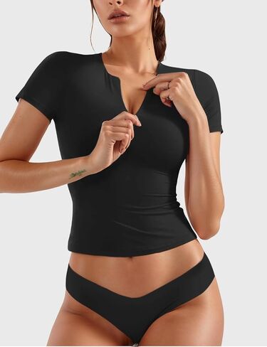 Women Adjustable Zip Up Short Sleeve T-Shirt Double Lined Going Out Crop Top Tank Slim Fit Casual Basic Trendy Top in Saudi Arabia