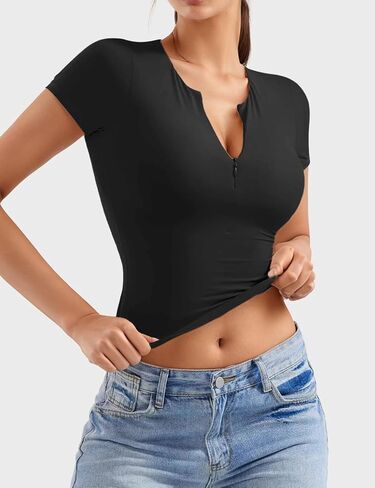 Women Adjustable Zip Up Short Sleeve T-Shirt Double Lined Going Out Crop Top Tank Slim Fit Casual Basic Trendy Top in Saudi Arabia