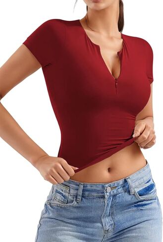Women Adjustable Zip Up Short Sleeve T-Shirt Double Lined Going Out Crop Top Tank Slim Fit Casual Basic Trendy Top in Saudi Arabia