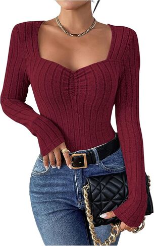 SOLY HUX Women's T Shirt Sweetheart Neck Long Sleeve Ruched Slim Fit Casual Solid Tee Tops in Saudi Arabia
