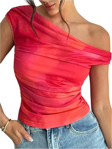 SHENHE Women's Floral Mesh Off The Shoulder Top Cap Sleeve Ruched Fitted Dressy Going Out Shirt in Saudi Arabia
