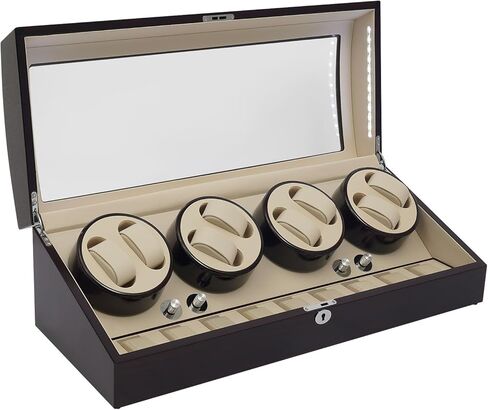 Watch Display Case, Automatic Watch Winder Display Case 8 Winders + 9 Pillows, 5 Rotation Mode Luxury Watch Storage Box with Interior Light and Silent Motor (Black and Beige) in Saudi Arabia