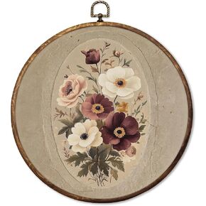 HUGANE Vintage Rustic Floral Round Wall Art Decor, Neutral Cottagecore Botanical Floral Hanging Canvas Framed Prints Wall Sculptures for Home Bedroom Living Room Decor, 10x10 Inch in Saudi Arabia