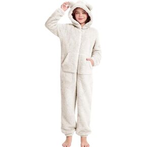 COZYPOIN Unisex Kids Fleece Jumpsuits Girls Fuzzy Hooded Rompers Zip Up One Piece Costume Warm Cute Clothes for 5-14 Y in Kuwait