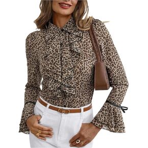 Floerns Women's Polka Dots Button Down Ruffle Blouse Bell Sleeve Elegant Collared Shirt in Saudi Arabia