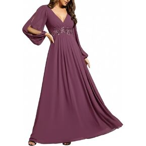 Ever-Pretty Women's V Neck Long Lantern Sleeves Floor Length Ruched Chiffon A-Line Formal Evening Dress 00461 in Kuwait