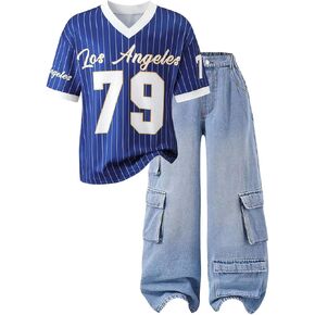 Girl's Number Letter Graphic Jersey Shirts Y2K Striped Short Sleeve V Neck Loose Top in Kuwait