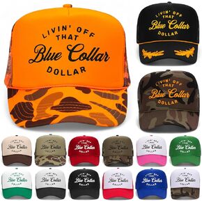 Livin' Off That Blue Collar Dollar Foam Mesh Back Trucker Hat | Funny Premium Adjustable Snapback Hats for Men & Women in Kuwait