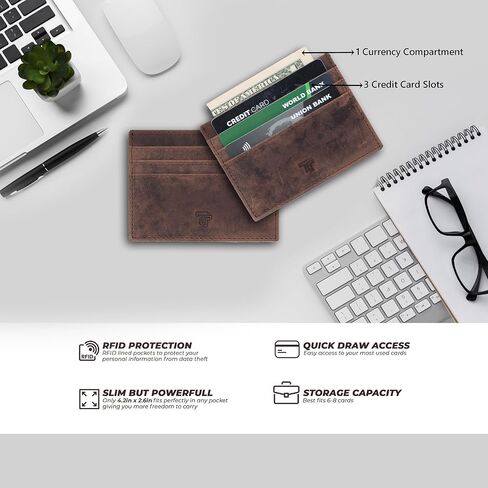 محفظة جلدية – حامل بطاقات نحيف أفقي كلاسيكي | محفظة رجالية من الجلد الطبيعي الحقيقي | RFID آمن | يناسب 8 بطاقات | اضغط للدفع | حافظة بطاقات الائتمان عالية الجودة (بني) in Kuwait