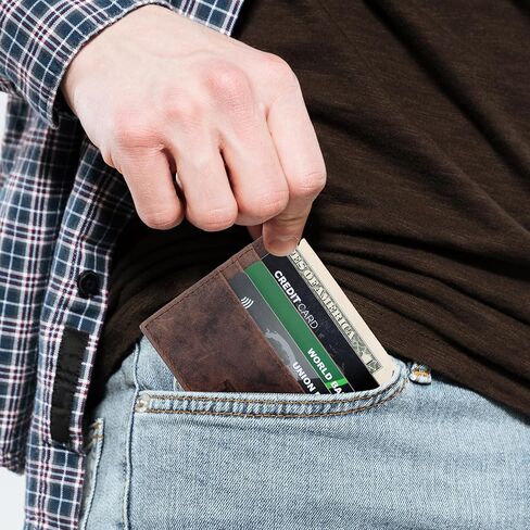محفظة جلدية – حامل بطاقات نحيف أفقي كلاسيكي | محفظة رجالية من الجلد الطبيعي الحقيقي | RFID آمن | يناسب 8 بطاقات | اضغط للدفع | حافظة بطاقات الائتمان عالية الجودة (بني) in Kuwait