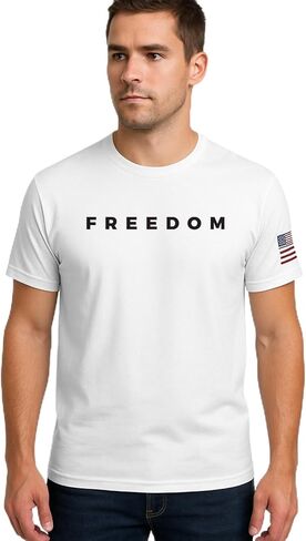 Patriotic Freedom T-Shirt, White Cotton, American Flag Design, Short Sleeve Crew Neck, Casual Wear in Saudi Arabia