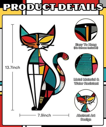 Putuo Decor Cat Metal Wall Decor, Iron Wall Hanging for Cat Lovers, Colorful Mid-Century Geometric Retro Wall Sculpture for Living Room Bedroom Kitchen Office, 13.77 x 9.84 in in Saudi Arabia