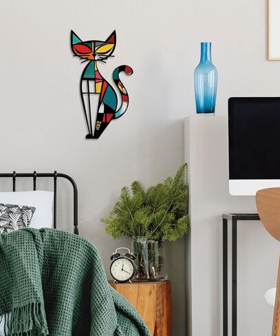 Putuo Decor Cat Metal Wall Decor, Iron Wall Hanging for Cat Lovers, Colorful Mid-Century Geometric Retro Wall Sculpture for Living Room Bedroom Kitchen Office, 13.77 x 9.84 in in Saudi Arabia