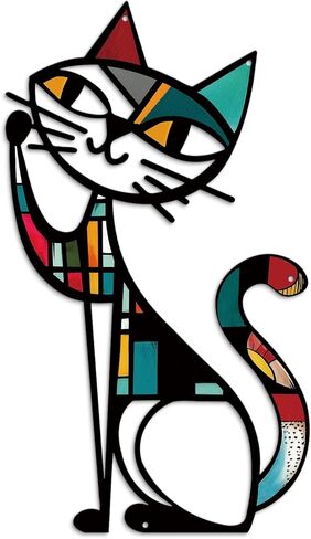 Putuo Decor Cat Metal Wall Decor, Iron Wall Hanging for Cat Lovers, Colorful Mid-Century Geometric Retro Wall Sculpture for Living Room Bedroom Kitchen Office, 13.77 x 9.84 in in Saudi Arabia