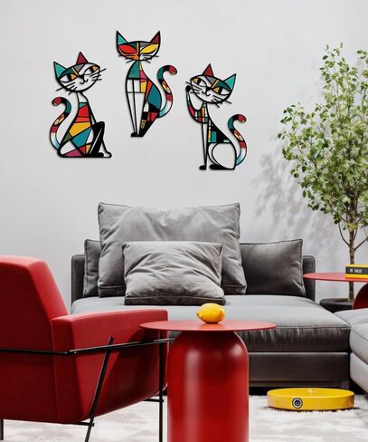 Putuo Decor Cat Metal Wall Decor, Iron Wall Hanging for Cat Lovers, Colorful Mid-Century Geometric Retro Wall Sculpture for Living Room Bedroom Kitchen Office, 13.77 x 9.84 in in Saudi Arabia