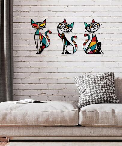 Putuo Decor Cat Metal Wall Decor, Iron Wall Hanging for Cat Lovers, Colorful Mid-Century Geometric Retro Wall Sculpture for Living Room Bedroom Kitchen Office, 13.77 x 9.84 in in Saudi Arabia