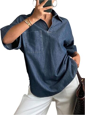 Milumia Women's Short Sleeve Denim Blouse Collar V Neck Oversized Jean Shirt Tops with Pockets in Saudi Arabia