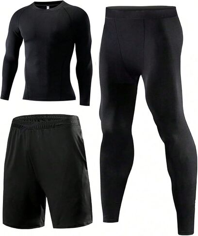 3Pcs Men's Compression Pants Shirt Top Long Sleeve Jacket Athletic Sets Gym Clothing Mens Workout in Saudi Arabia