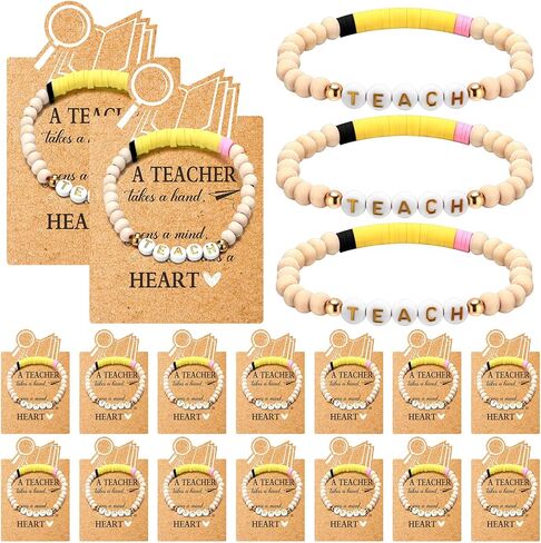 16 Sets Teacher Appreciation Bracelets With Card Teacher Appreciation Gift Wooden beaded Teaching Wish Bracelets for Thank You Graduation Birthday Gifts in Saudi Arabia