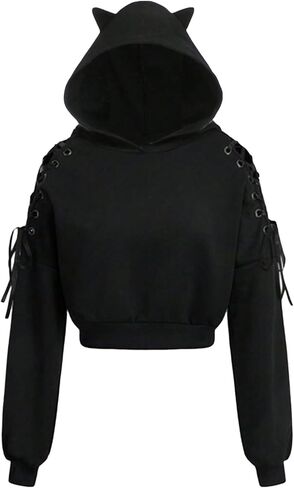 SweatyRocks Women's Cat Ear Crop Hoodies Long Sleeve Lace Up Sweatshirt Pullover Tops in Saudi Arabia