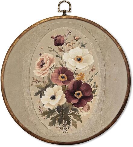 HUGANE Vintage Rustic Floral Round Wall Art Decor, Neutral Cottagecore Botanical Floral Hanging Canvas Framed Prints Wall Sculptures for Home Bedroom Living Room Decor, 10x10 Inch in Saudi Arabia