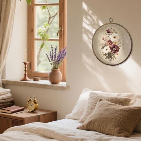 HUGANE Vintage Rustic Floral Round Wall Art Decor, Neutral Cottagecore Botanical Floral Hanging Canvas Framed Prints Wall Sculptures for Home Bedroom Living Room Decor, 10x10 Inch in Saudi Arabia