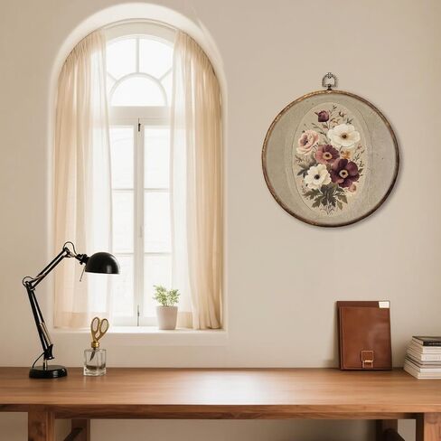 HUGANE Vintage Rustic Floral Round Wall Art Decor, Neutral Cottagecore Botanical Floral Hanging Canvas Framed Prints Wall Sculptures for Home Bedroom Living Room Decor, 10x10 Inch in Saudi Arabia