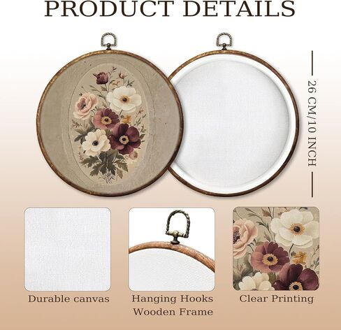 HUGANE Vintage Rustic Floral Round Wall Art Decor, Neutral Cottagecore Botanical Floral Hanging Canvas Framed Prints Wall Sculptures for Home Bedroom Living Room Decor, 10x10 Inch in Saudi Arabia