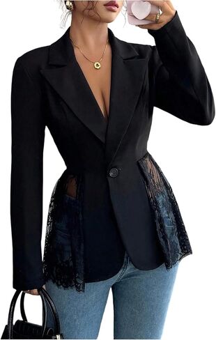 SOLY HUX Women's Lace Deep V Neck Button Down Blazers Work Office Suit Jacket Business Casual Outfit in Saudi Arabia