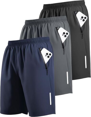 RPOVIG 3 Pack Men's Athletic Shorts Sets Gym Workout Short with Zippered Pockets Running Joggers Basketball Gift in Kuwait