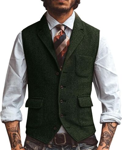 Men's Herringbone Tweed Suit Vest Lapel Business Wedding Waistcoat Sleeveless Jacket in Kuwait