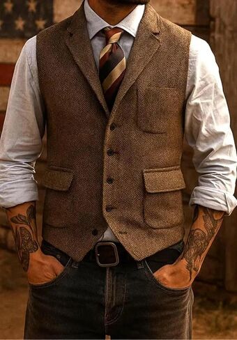 Men's Herringbone Tweed Suit Vest Lapel Business Wedding Waistcoat Sleeveless Jacket in Kuwait