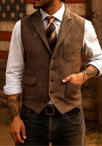 Men's Herringbone Tweed Suit Vest Lapel Business Wedding Waistcoat Sleeveless Jacket in Kuwait