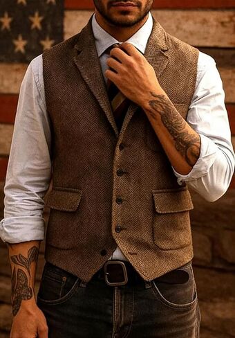 Men's Herringbone Tweed Suit Vest Lapel Business Wedding Waistcoat Sleeveless Jacket in Kuwait