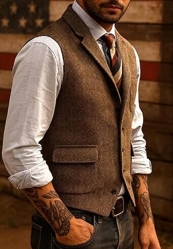 Men's Herringbone Tweed Suit Vest Lapel Business Wedding Waistcoat Sleeveless Jacket in Kuwait