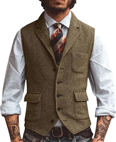 Men's Herringbone Tweed Suit Vest Lapel Business Wedding Waistcoat Sleeveless Jacket in Kuwait
