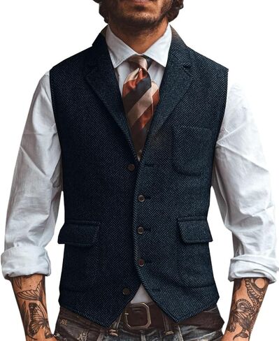 Men's Herringbone Tweed Suit Vest Lapel Business Wedding Waistcoat Sleeveless Jacket in Kuwait