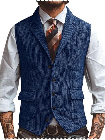 Men's Herringbone Tweed Suit Vest Lapel Business Wedding Waistcoat Sleeveless Jacket in Kuwait