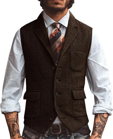 Men's Herringbone Tweed Suit Vest Lapel Business Wedding Waistcoat Sleeveless Jacket in Kuwait