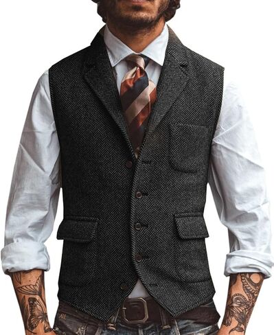 Men's Herringbone Tweed Suit Vest Lapel Business Wedding Waistcoat Sleeveless Jacket in Kuwait