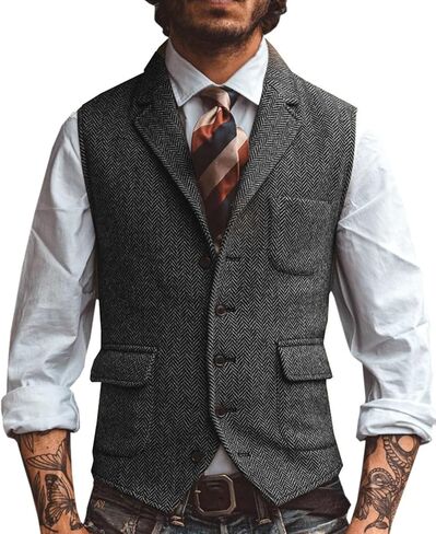 Men's Herringbone Tweed Suit Vest Lapel Business Wedding Waistcoat Sleeveless Jacket in Kuwait