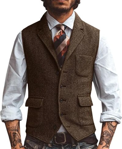 Men's Herringbone Tweed Suit Vest Lapel Business Wedding Waistcoat Sleeveless Jacket in Kuwait