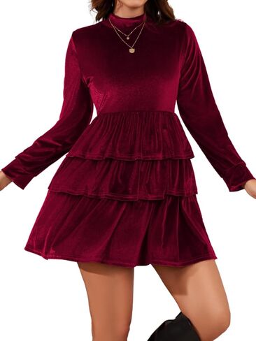 Women Long Sleeve Mini Velvet Dress, Mock Neck Tiered Ruffle Flowy Babydoll Dresses, Cocktail Party Christmas Outfits in Saudi Arabia