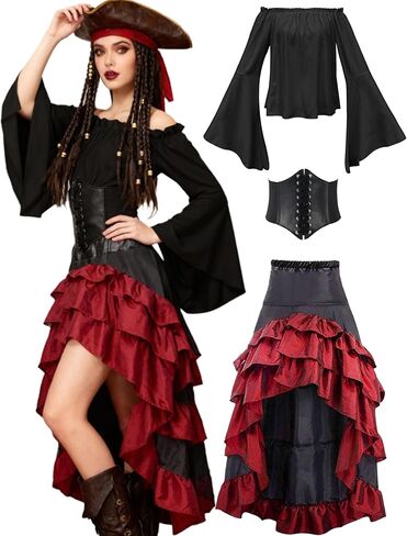Verceco Pirate Costume Women with Renaissance Pirate Shirt Skirt Corset Waist Belt in Kuwait