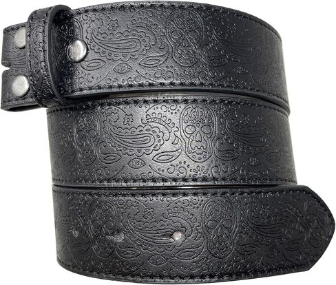 Leather Belt Strap with Western Skull and Paisley Embossed Pattern 1.5" Wide with Snaps - Attach Buckle with Metal Snaps in Saudi Arabia