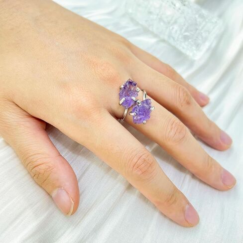 Amethyst Ring, Natural Irregular Raw Crystal Ring for Women, Handmade Adjustable Double Stone Purple Ring Spiritual Jewelry in Saudi Arabia